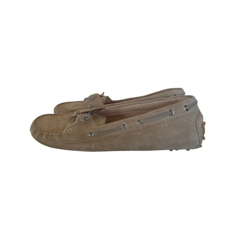 Veronica Beard Jia Boater Old Money Minimalist Tan Cream Suede Loafers sz 8.5
